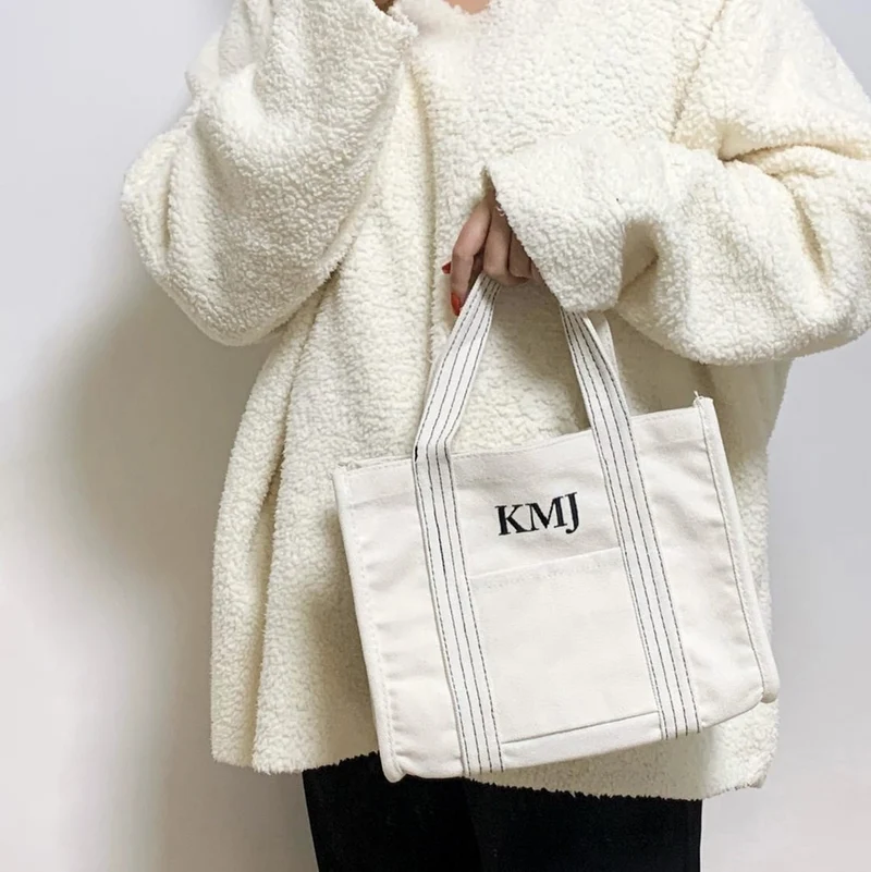 Made in Korea 定制間條刺繡字母小帆布袋