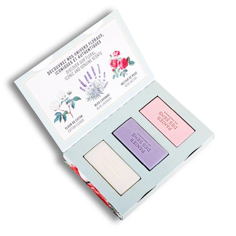 Coffret cadeau 3 savons solides parfumés - Coton, Lavande, Nectar de Rose 3x100g