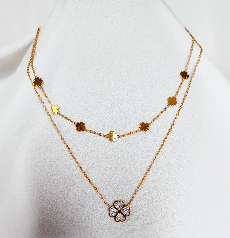 Collier double trèfle strass